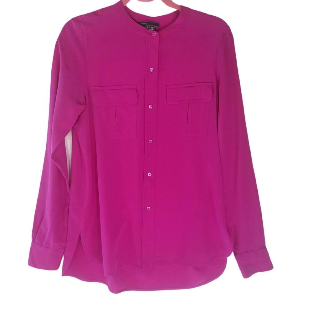 VINCE 100% SILK Button down long sleeve Fuchsia Blouse Size 6